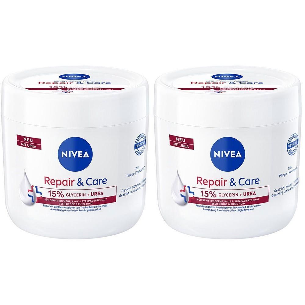 Twee witte potten Nivea Repair & Care. Opschrift: 15% Glycerine + Urea. Rode strook met tekst. Blauwe Nivea cirkel.