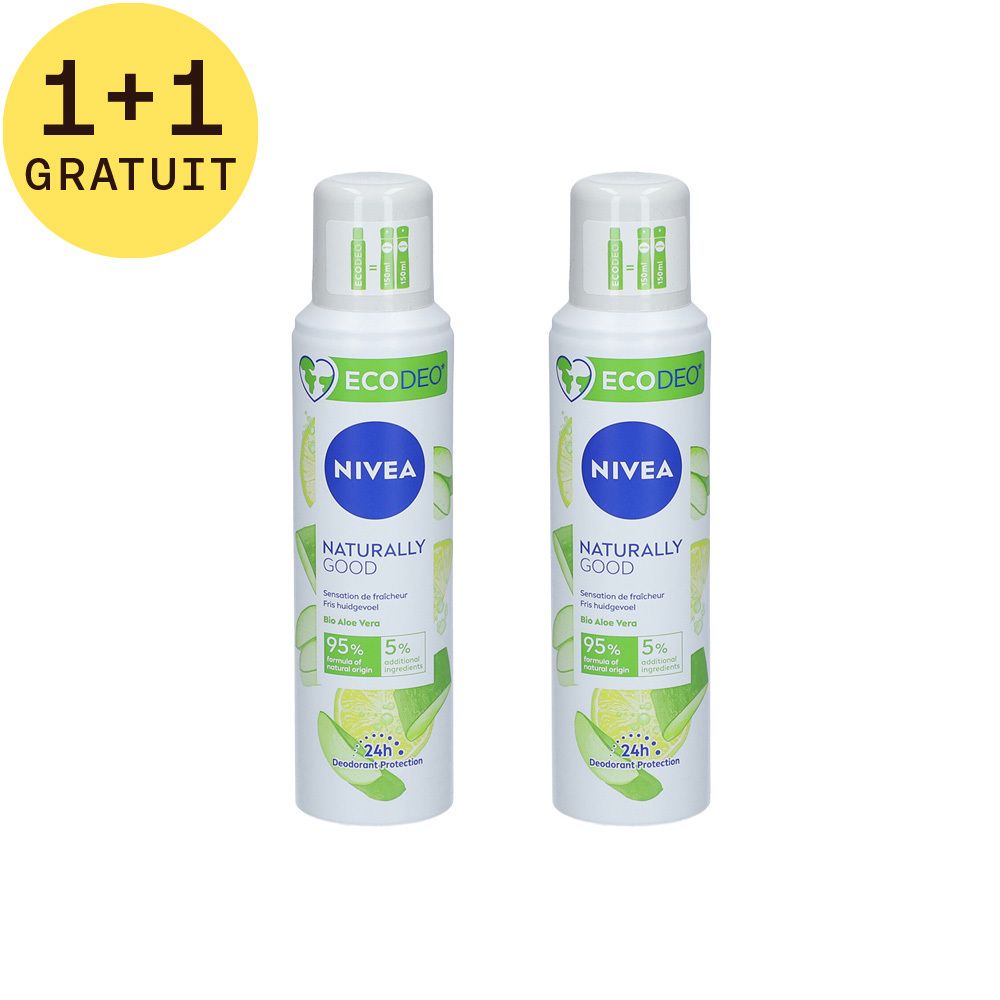 Deux flacons de Nivea Eco Deo Spray à l'aloe vera bio. Blanc, vert et bleu. 1+1 gratuit.