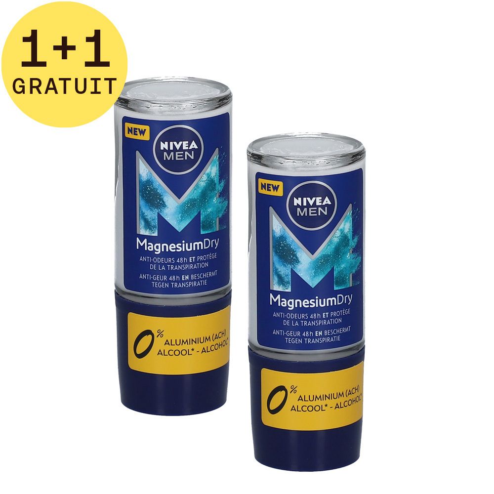 Deux déodorants roll-on. Inscription : Nivea Men MagnesiumDry, 0% aluminium, 1+1 gratuit.