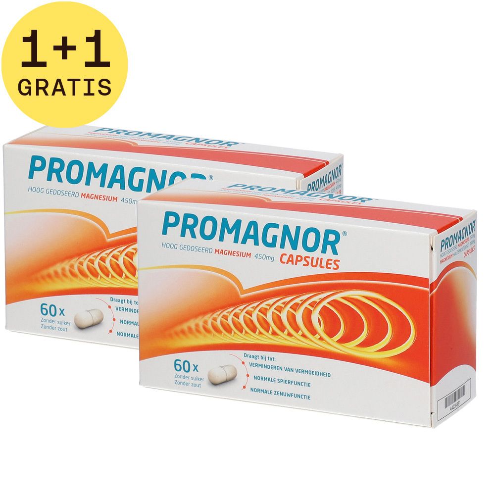 Twee dozen Promagnor, 1+1 gratis. Opschrift: Hoog gedoseerd magnesium 450mg Capsules. Bevat 60 capsules. Gele cirkels.
