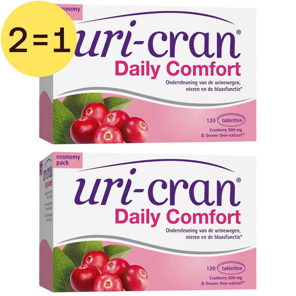 Twee verpakkingen Uri-cran Daily Comfort. Opschrift: 2=1. Bevat 120 tabletten. Cranberry 500 mg & Groene thee-extract.