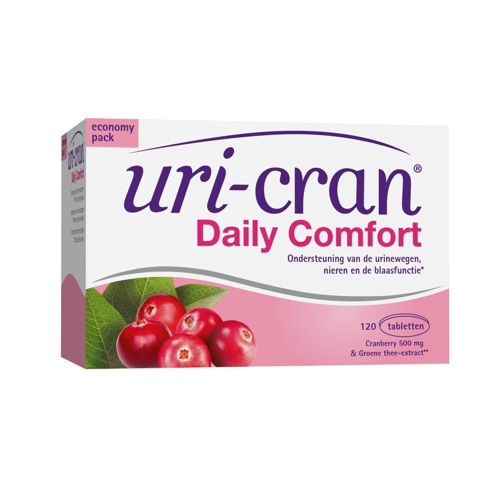 Uri-cran Daily Comfort verpakking. Witte doos met paarse tekst en cranberry-afbeelding. Bevat 120 tabletten.