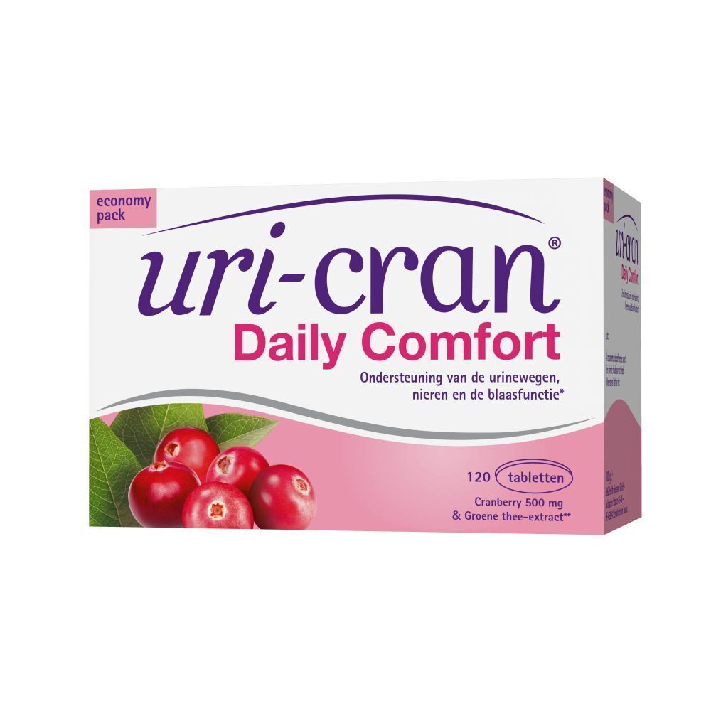 Uri-cran Daily Comfort verpakking. Witte doos met paarse tekst en cranberry-afbeelding. Bevat 120 tabletten.