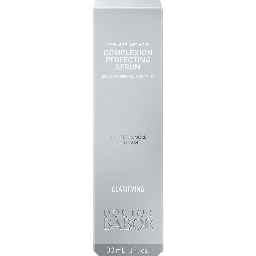 Grijze doos. Opschrift: 10% azelaïnezuur, Complexion Perfecting Serum, DOCTOR BABOR. 30 ml.