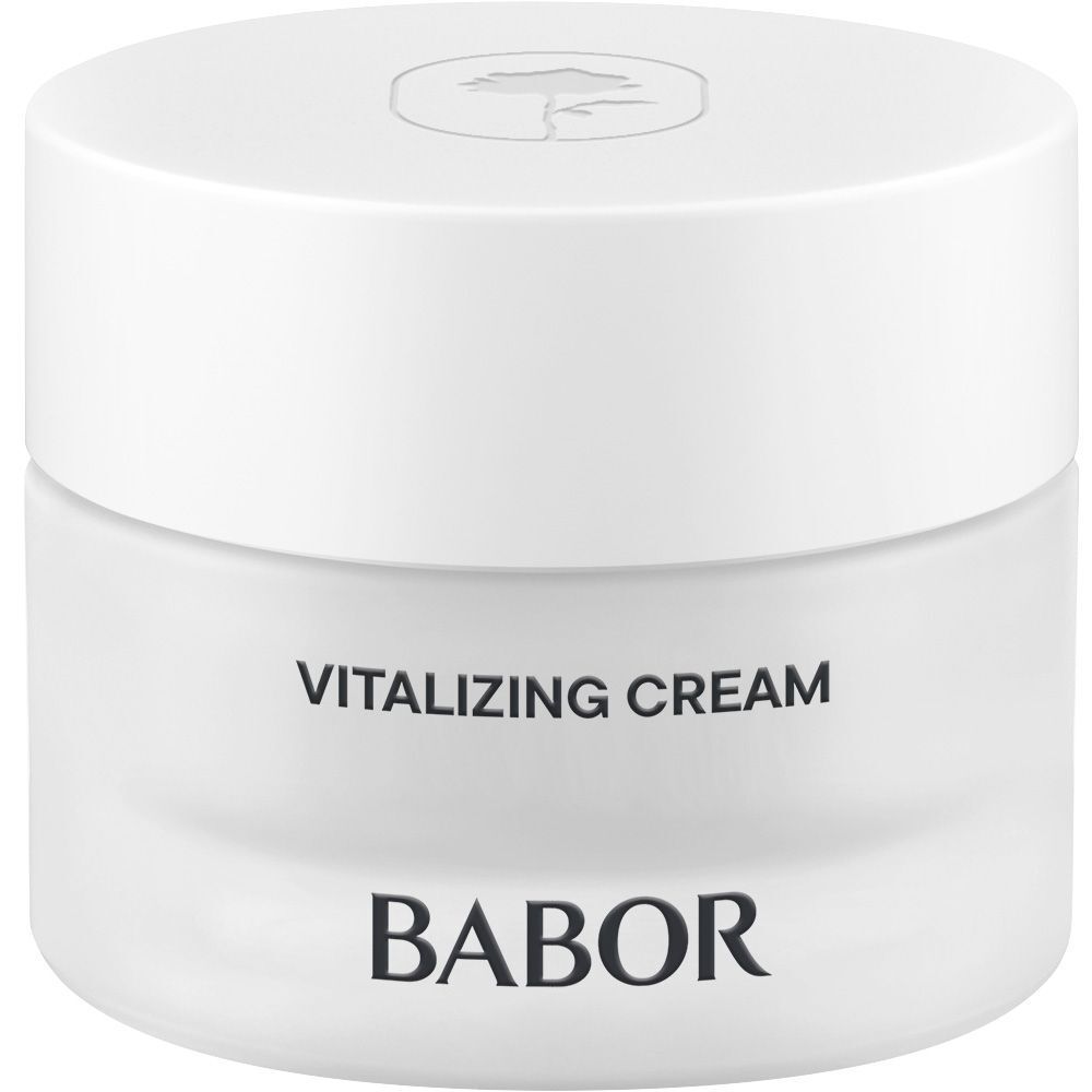 Crèmepot met witte deksel. Opschrift: VITALIZING CREAM en BABOR. Pot van matglas.
