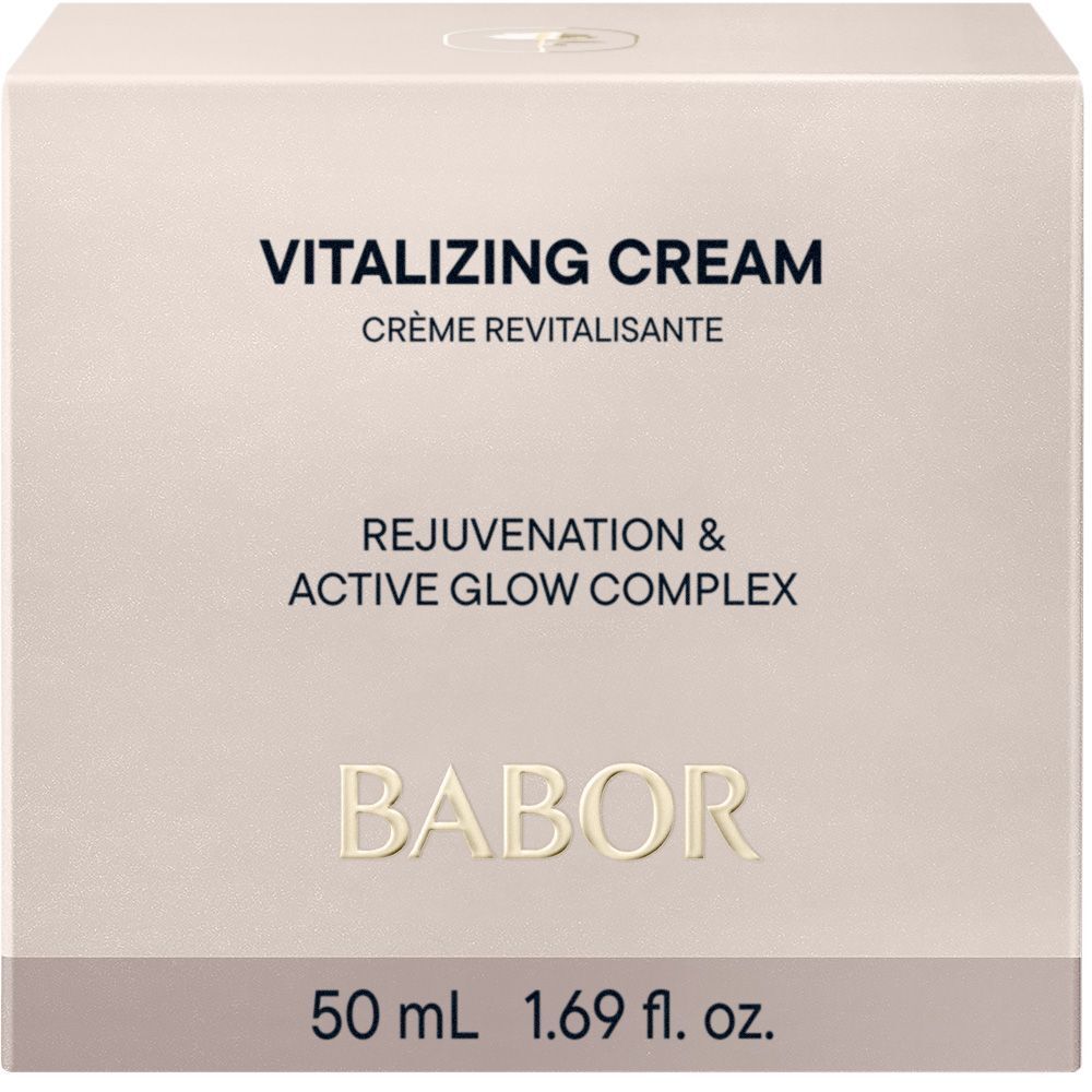 Roze verpakking. Opschrift: VITALIZING CREAM, BABOR. Tekst: REJUVENATION & ACTIVE GLOW COMPLEX. 50 ml.