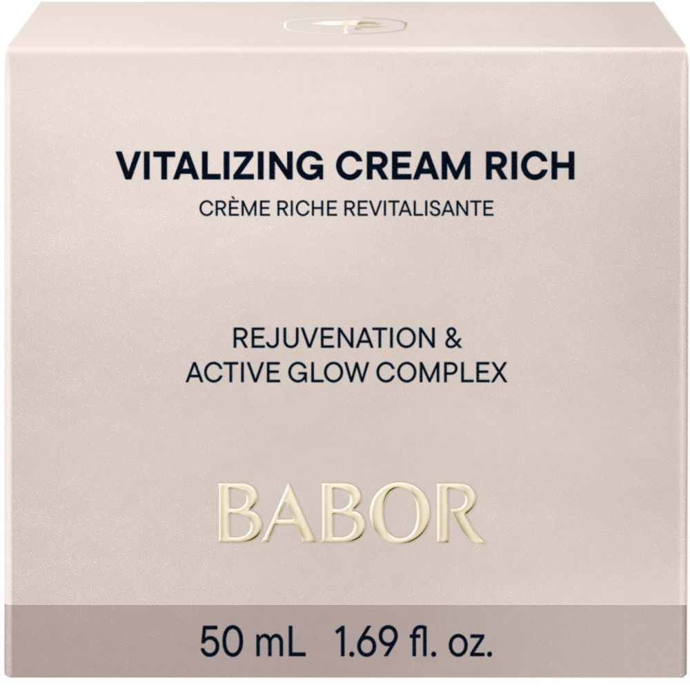 Boîte blanche avec BABOR et VITALIZING CREAM RICH. Crème Riche Revitalisante est écrit sur la boîte.