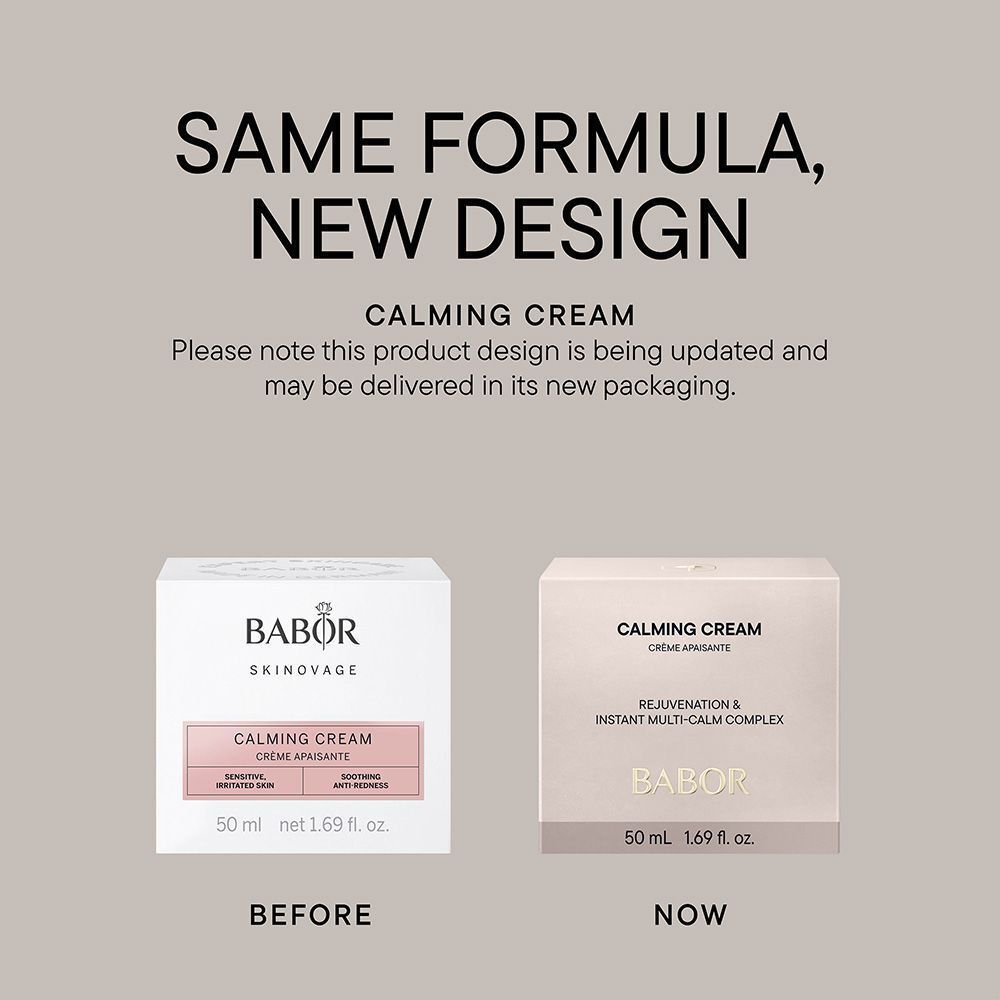 Comparaison de deux boîtes. CALMING CREAM est sur la gauche, sur la droite.