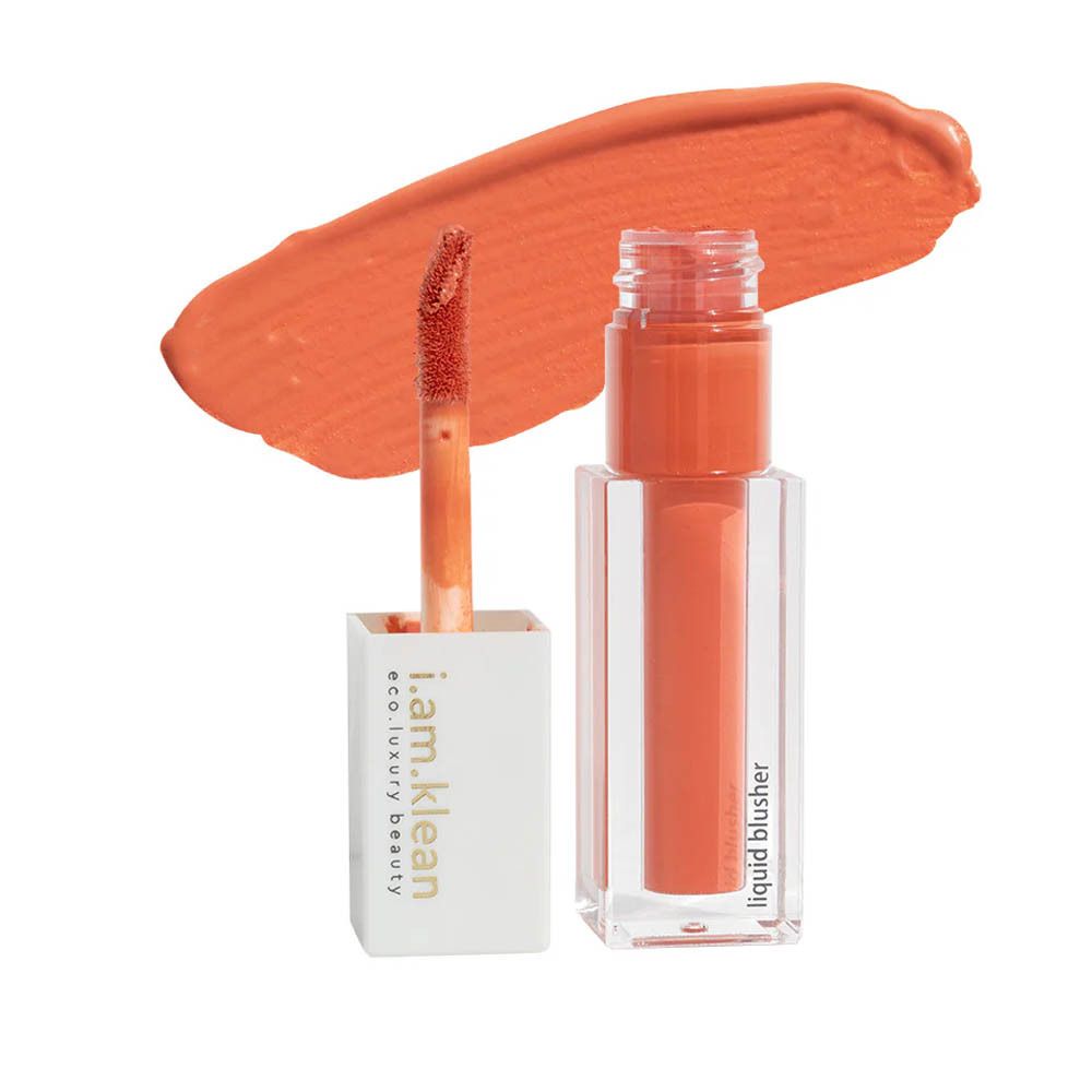 Vloeibare blush met applicator en kleurstalen. Opschrift: i.am.klean, liquid blusher.
