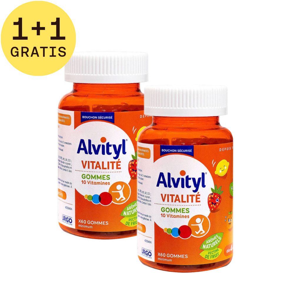 Twee flessen met oranje gummies. Opschrift: Alvityl Vitalité Gommes 10 Vitamines. 1+1 GRATUIT.