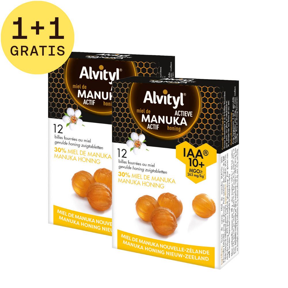 Twee verpakkingen Alvityl® met honing-billes. Opschrift: Actieve Manuka Honing, IAA 10+ certificering. 1+1 GRATIS.
