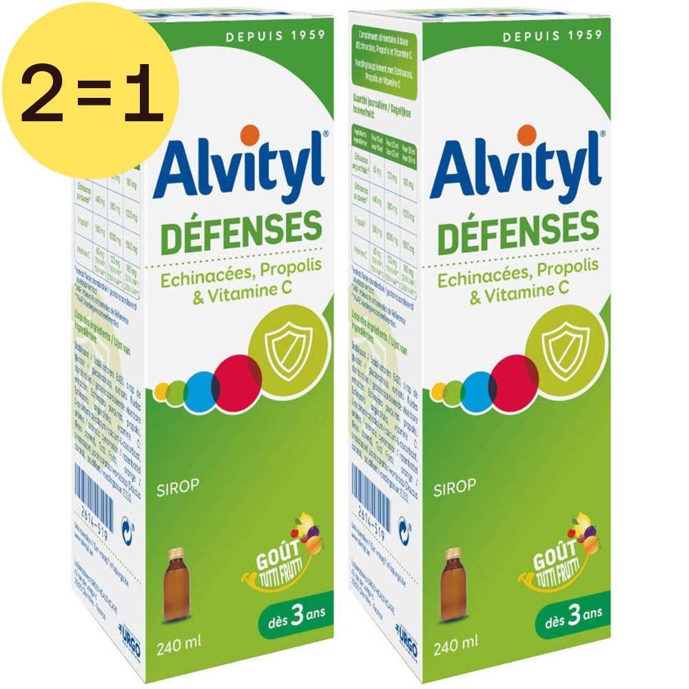 Deux boîtes Alvityl Défenses. Inscription : Défenses, Echinacées, Propolis & Vitamine C. Flacon de 240 ml. Dès 3 ans.