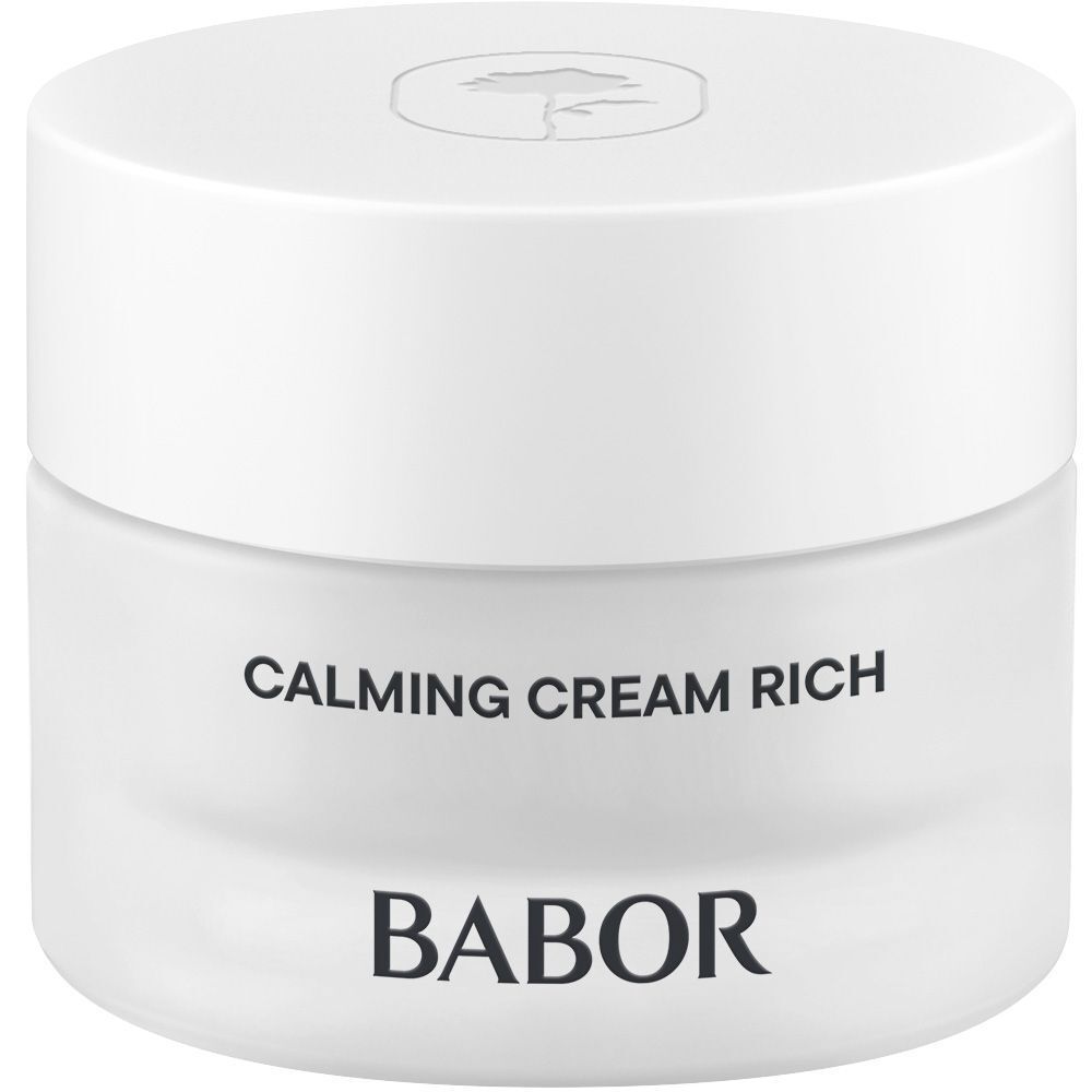 Crèmepot met witte deksel. Op de pot staat Calming Cream Rich, Babor.