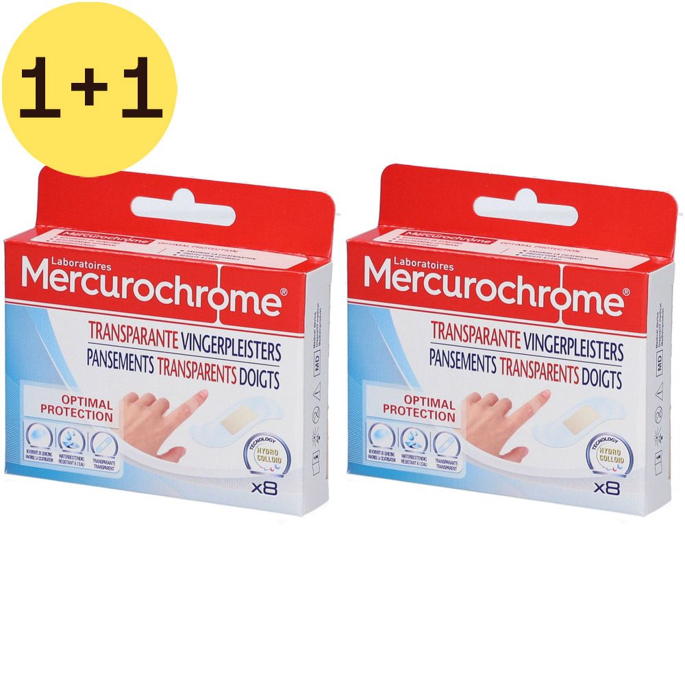 Twee dozen Mercurochrome transparante vingerpleisters. Rode en witte verpakking met productnaam en 1+1 gratis sticker.