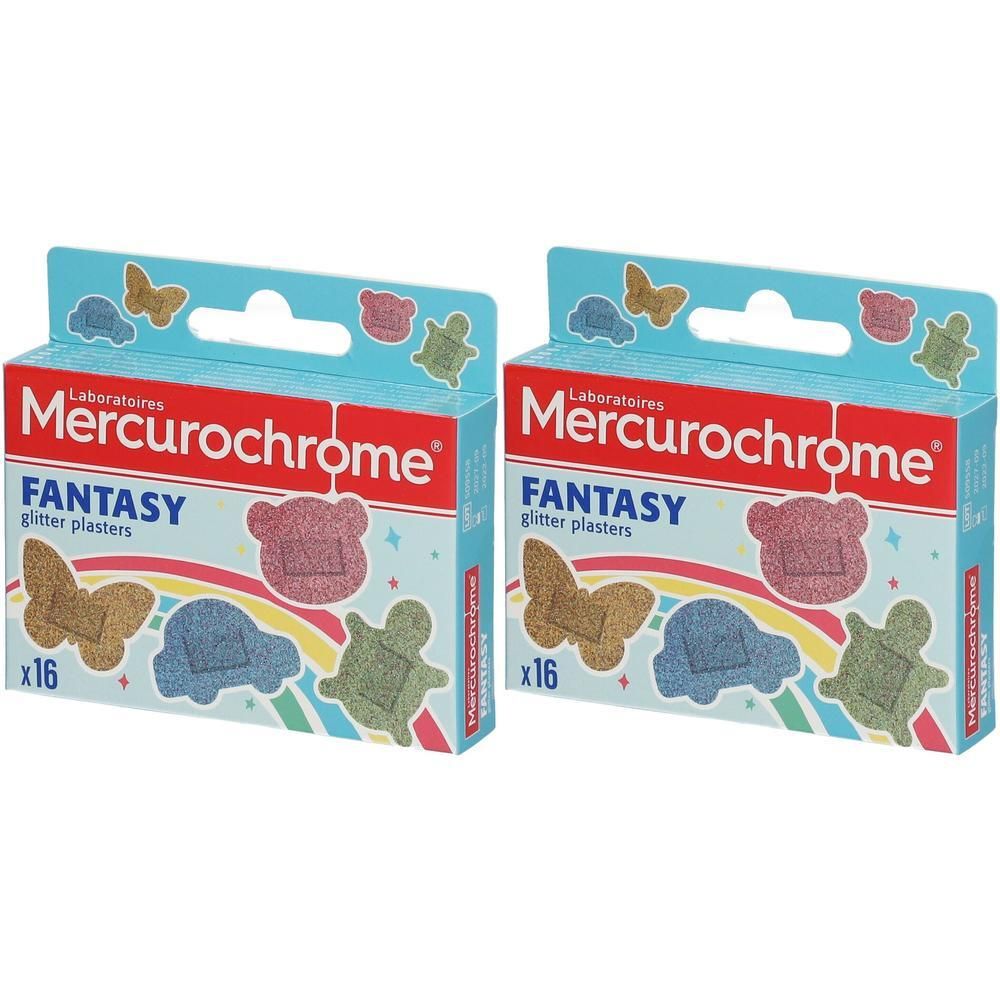 Deux boîtes de pansements Mercurochrome Fantasy glitter plasters, x16. Formes et couleurs variées.