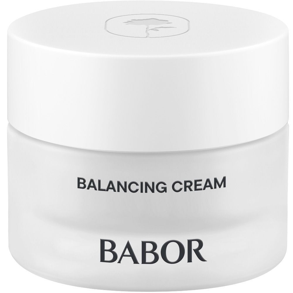 Pot de crème avec couvercle blanc. BALANCING CREAM et BABOR sont écrits sur le pot.