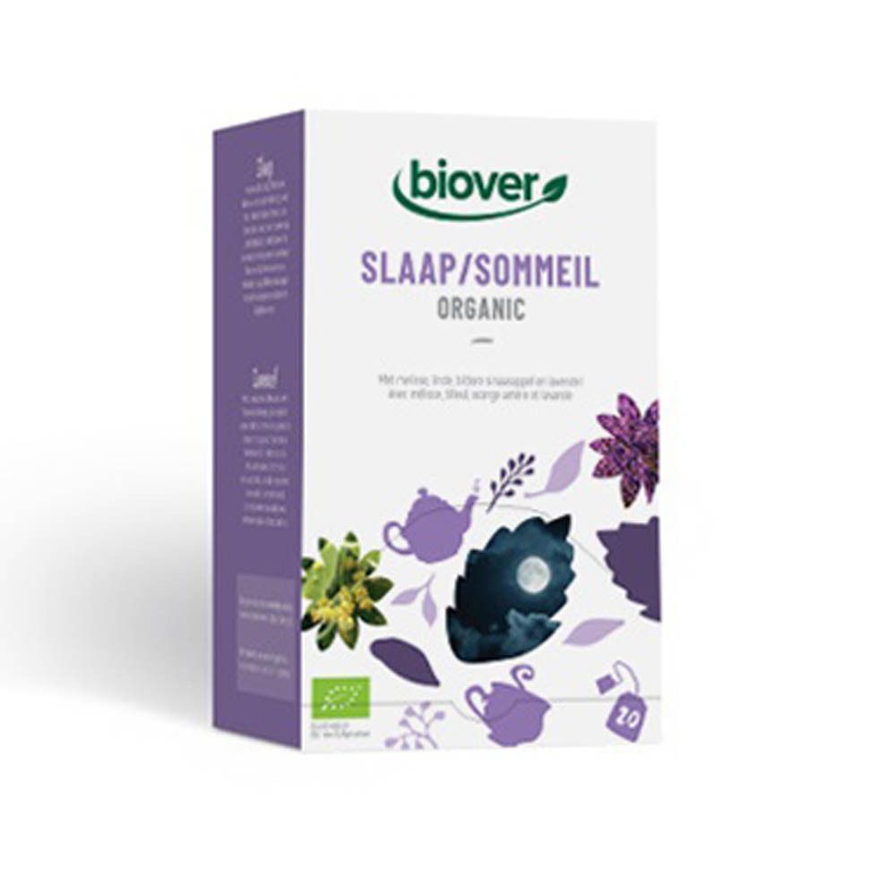 Biover-verpakking met 'Slaap/Sommeil Organic'. Illustraties van kruiden en theepotten. 20 theezakjes.