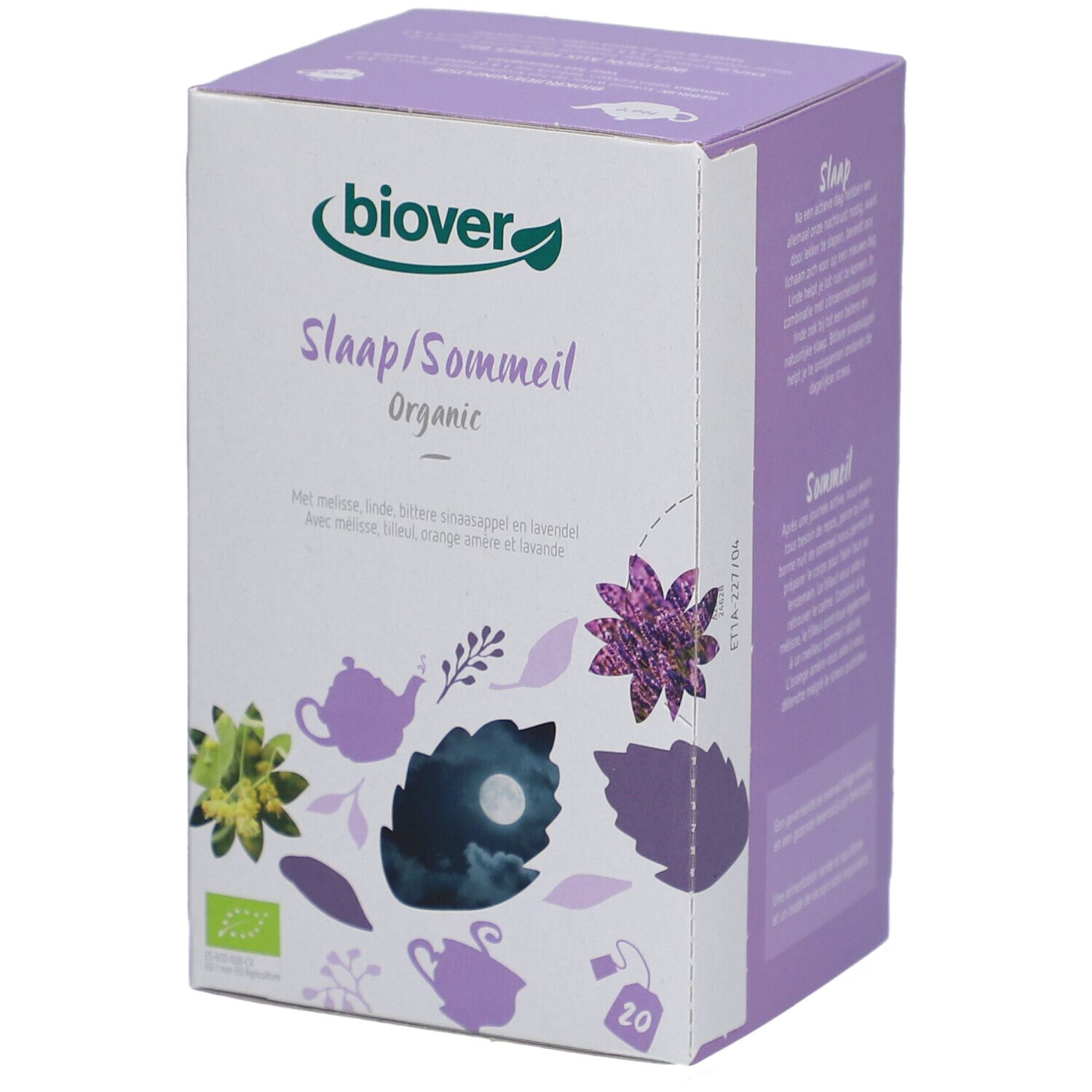 Biover-verpakking met 'Slaap/Sommeil Organic'. Illustraties van kruiden en theepotten. 20 theezakjes.