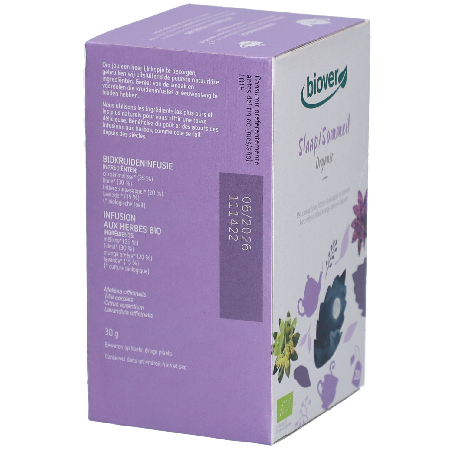 Biover-verpakking met ingrediëntenlijst en houdbaarheidsdatum. Opschrift 'Slaap/Sommeil Organic'.