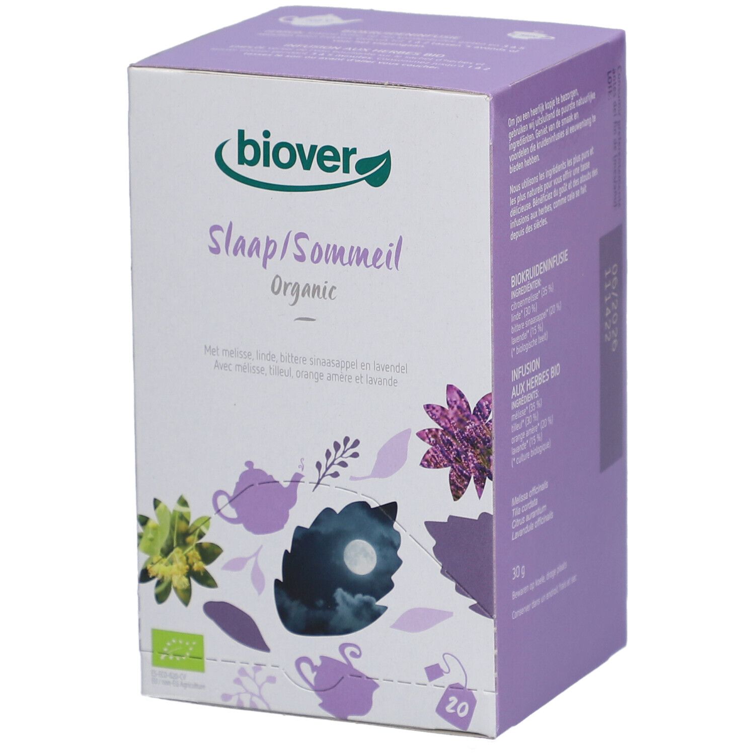 Biover-verpakking met 'Slaap/Sommeil Organic'. Illustraties van kruiden en theepotten. 20 theezakjes.