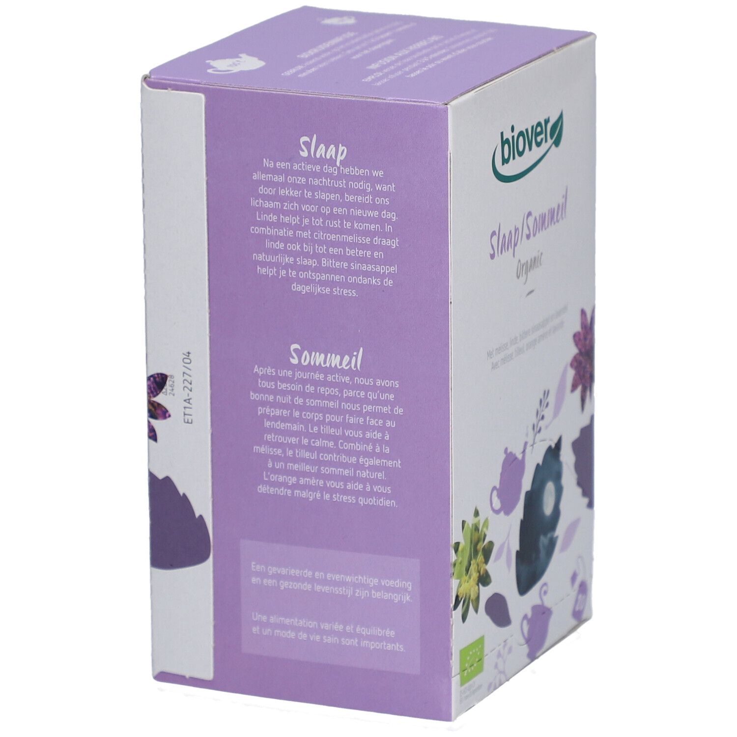 Biover-verpakking met tekst over slaap en sommeil. Opschrift 'Slaap/Sommeil Organic'.