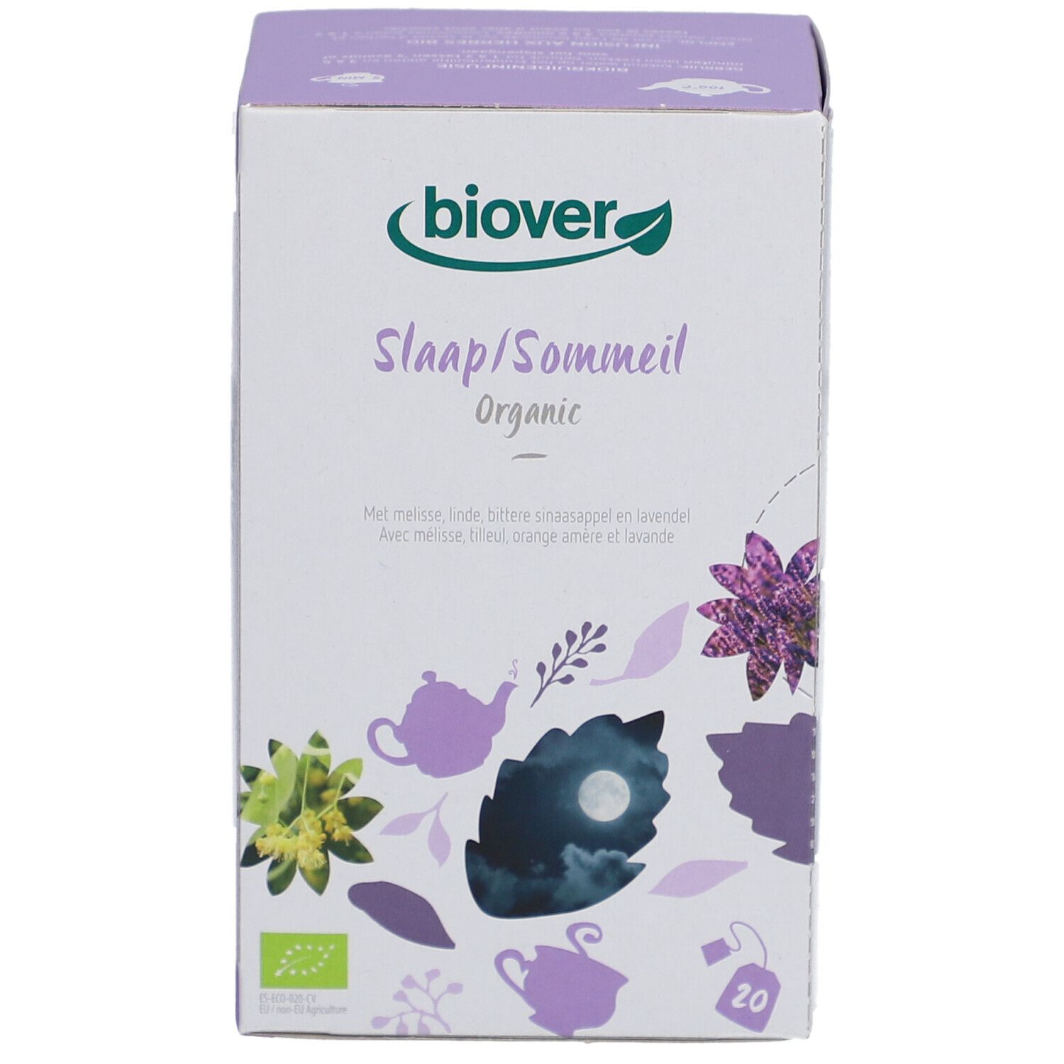 Biover-verpakking met 'Slaap/Sommeil Organic'. Illustraties van kruiden en theepotten. 20 theezakjes.