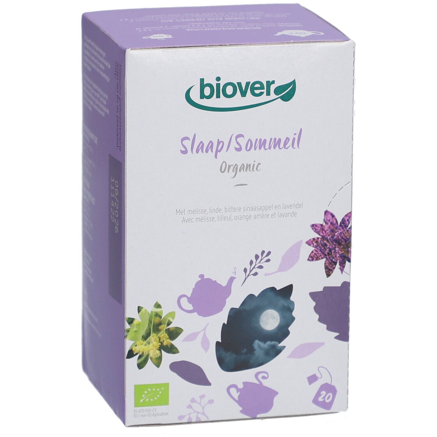 Biover-verpakking met 'Slaap/Sommeil Organic'. Illustraties van kruiden en theepotten. 20 theezakjes.