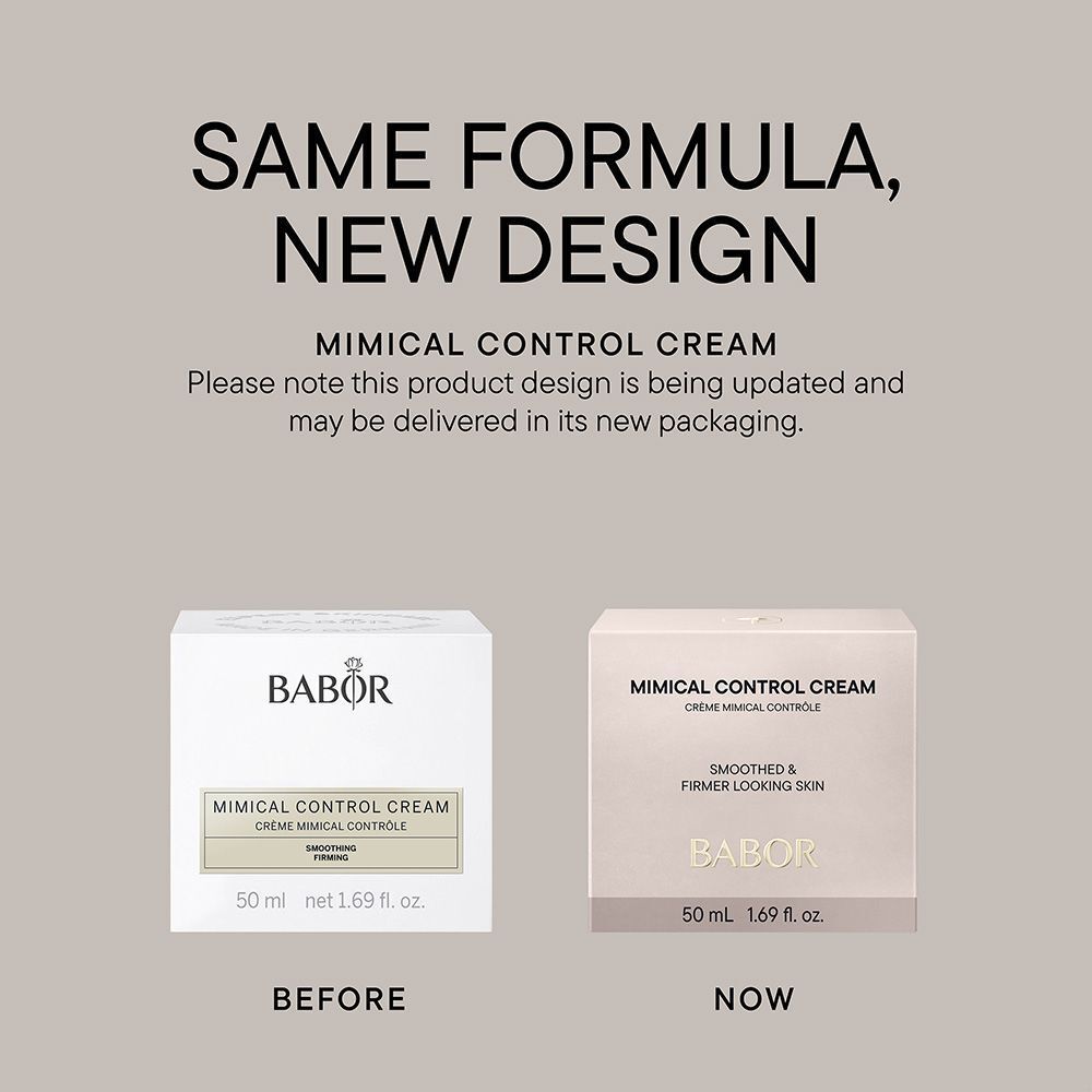Vergelijking van twee productverpakkingen. Opschrift MIMICAL CONTROL CREAM, BABOR. 50 ml.