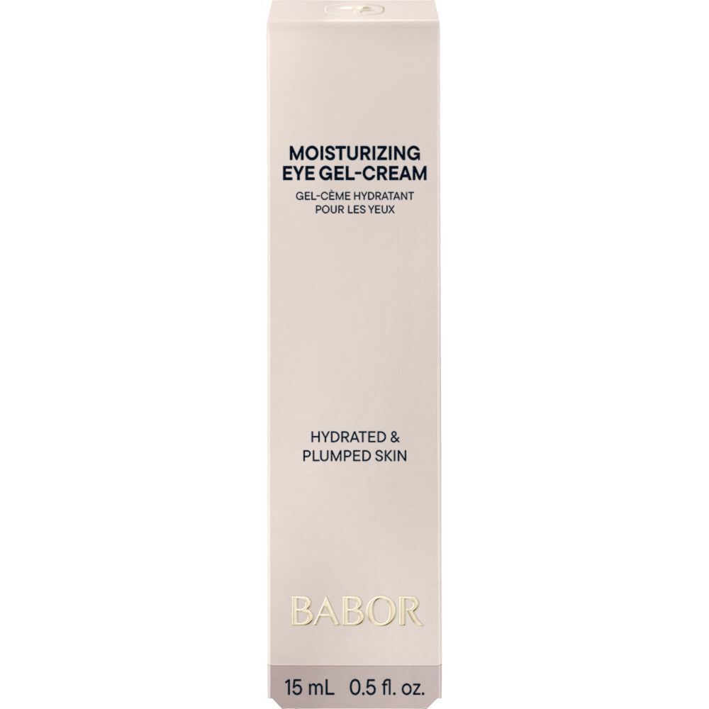Witte verpakking met tube. Opschrift: BABOR, Moisturizing Eye Gel-Cream. Gel-Crème hydratant pour les yeux.