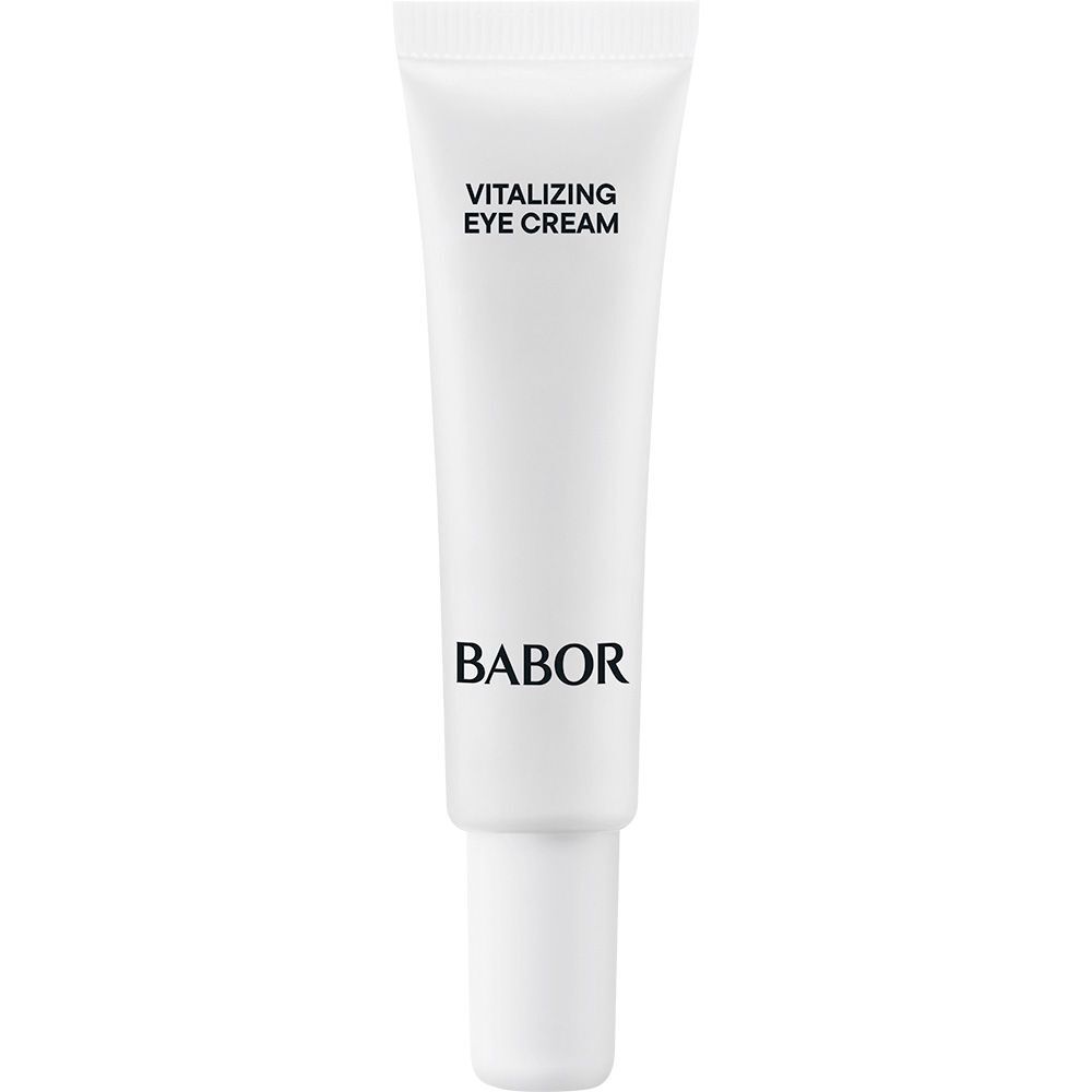 Witte tube met Vitalizing Eye Cream en Babor-logo. Naam en merk gedrukt.