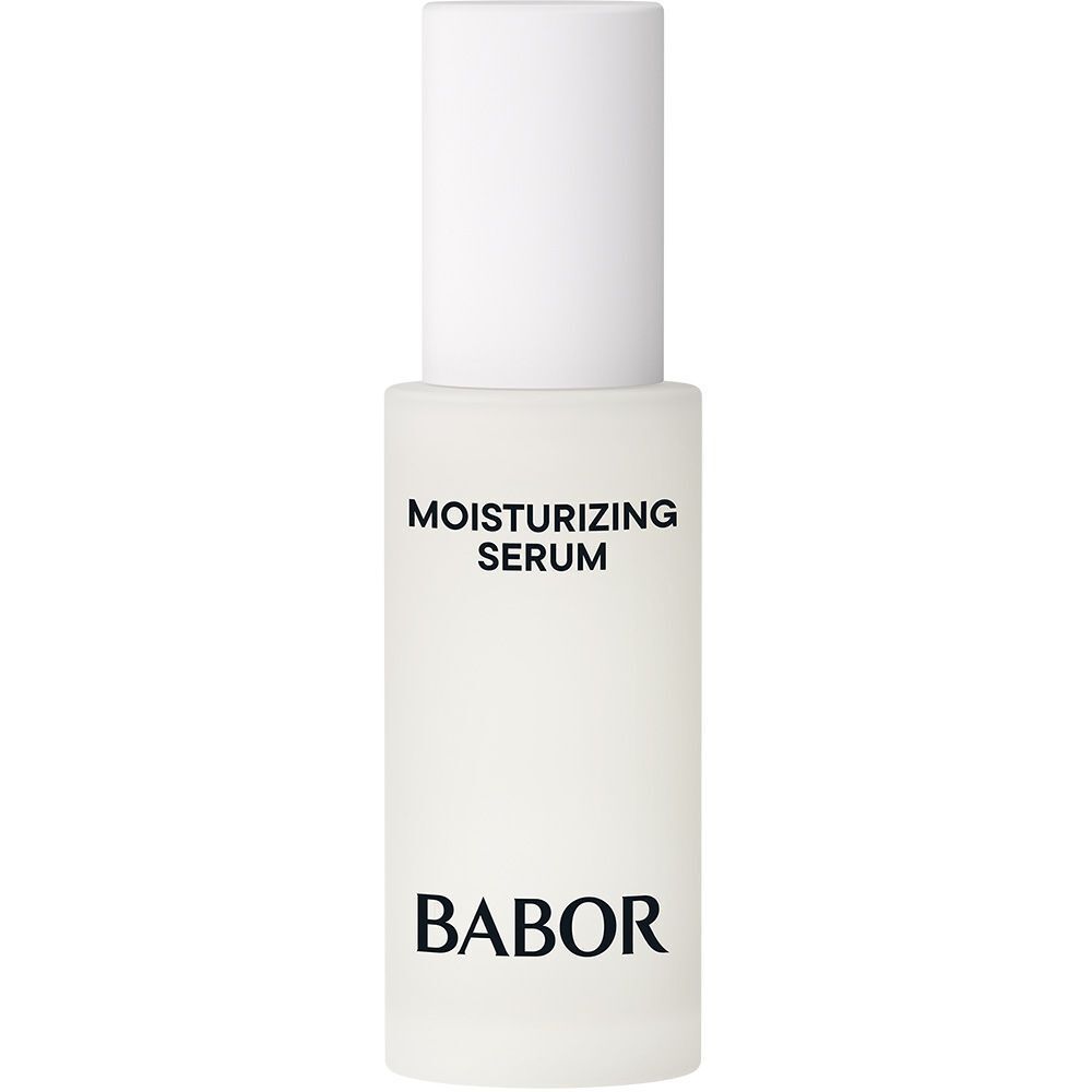 Serumfles met witte dop. Opschrift: BABOR, Moisturizing Serum.