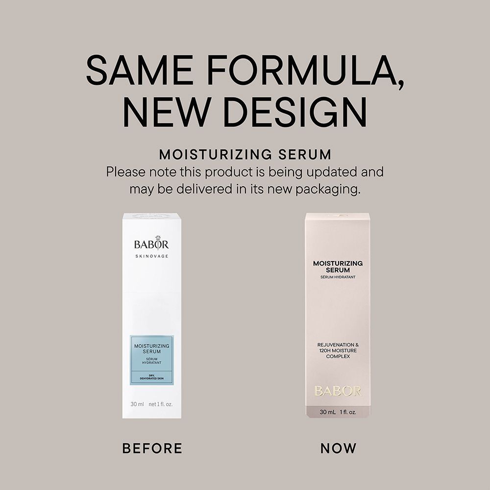 Vergelijking: serumfles en verpakking. Opschrift: BABOR, Moisturizing Serum.