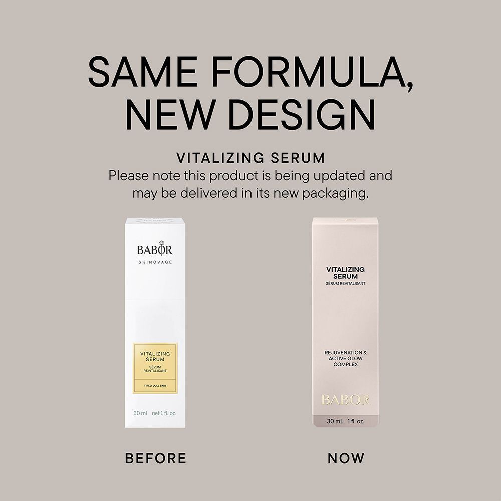 Babor Skinovage Vitalizing Serum. Vergelijking van verpakkingen. Voor en na.