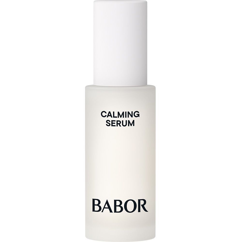 Serumfles met witte dop. Opschrift: BABOR, CALMING SERUM.