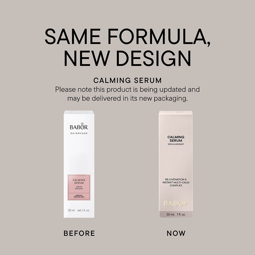 Vergelijking: serumfles en verpakking. Opschrift: BABOR, CALMING SERUM.