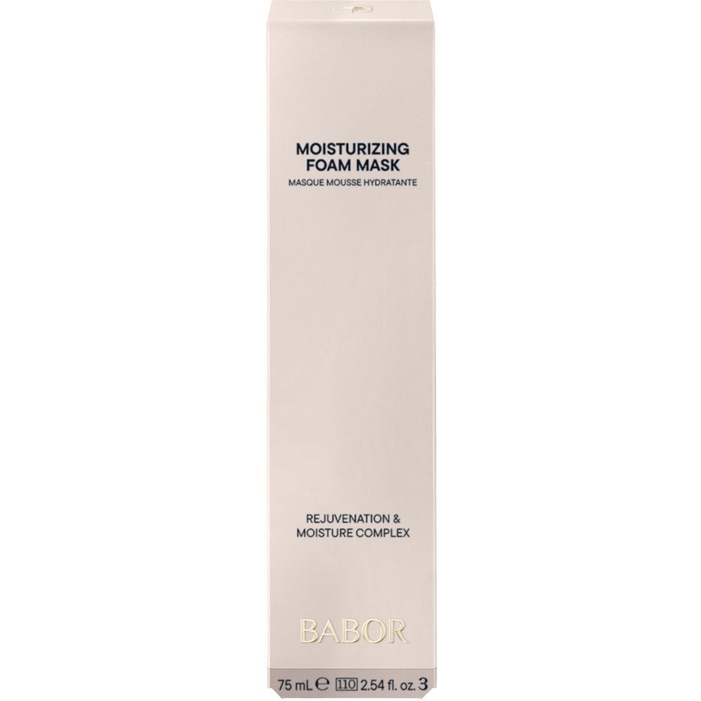 Witte verpakking met tekst. Opschrift MOISTURIZING FOAM MASK, tekst en BABOR. 75 ml.