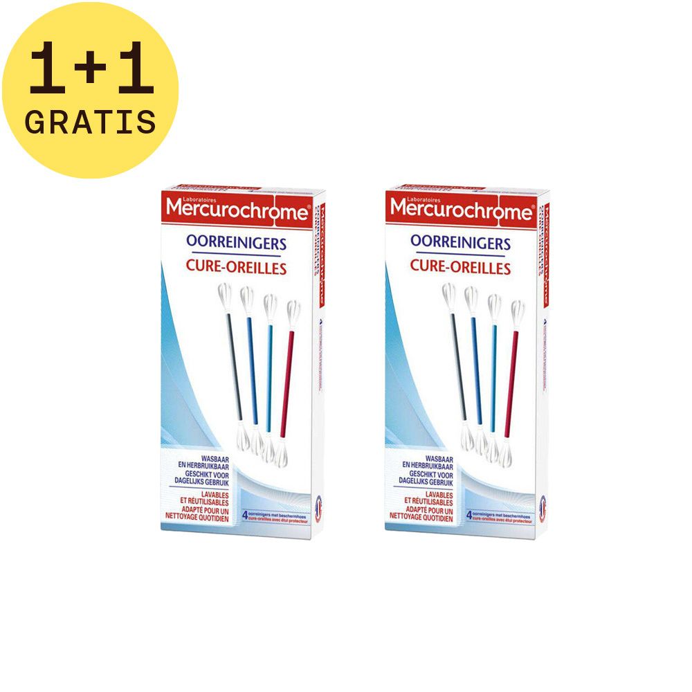Twee verpakkingen Cure-Oreilles met gratis aanbieding. Elke verpakking bevat oorreinigers. Opschrift: Mercurochrome, Cure-Oreilles.
