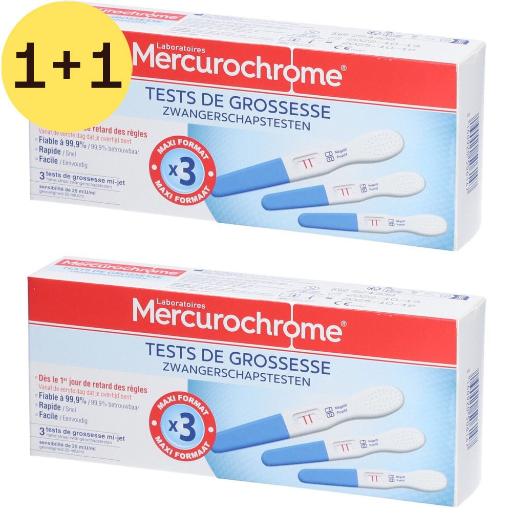 Twee dozen zwangerschapstests Mercurochrome. Gele cirkel met "1+1 GRATUIT". Dozen met 3 tests.