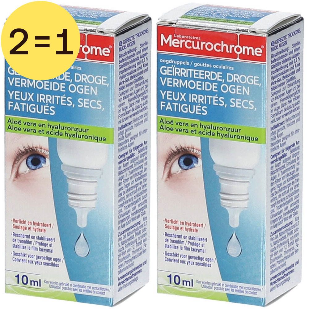 Twee verpakkingen oogdruppels met Mercurochrome logo. Opschrift: Geïrriteerde, droge, vermoeide ogen. 10 ml.