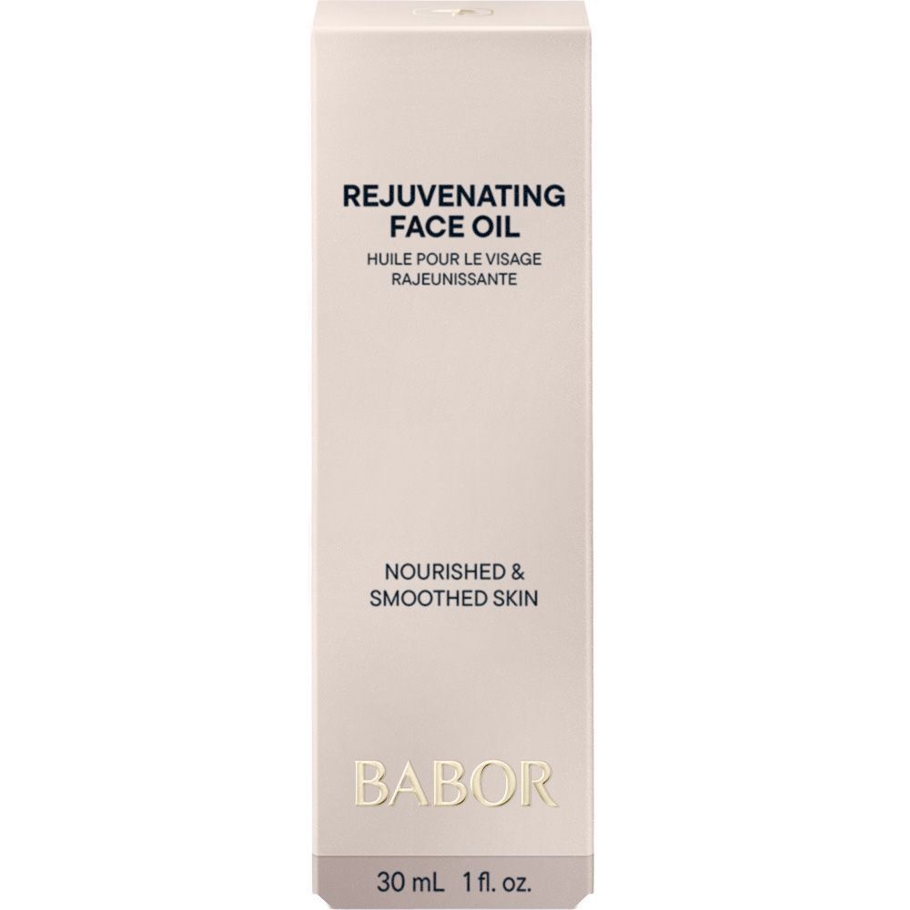 Emballage pour huile pour le visage. Marque BABOR et nom du produit visibles. Texte: Peau nourrie et lissée.