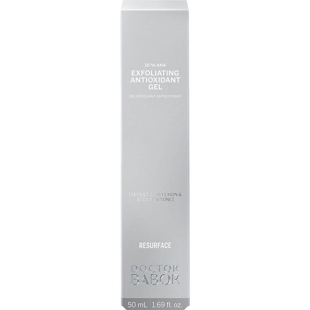 Productverpakking. Opschrift: DOCTOR BABOR, EXFOLIATING ANTIOXIDANT GEL, RESURFACE, 50 ml.