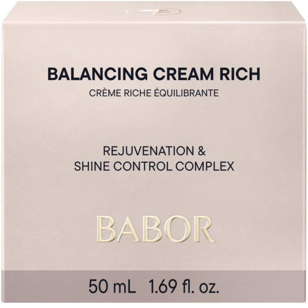 Witte doos met BABOR. Op de doos staat BALANCING CREAM RICH. 50 ml, net 1.69 fl. oz.