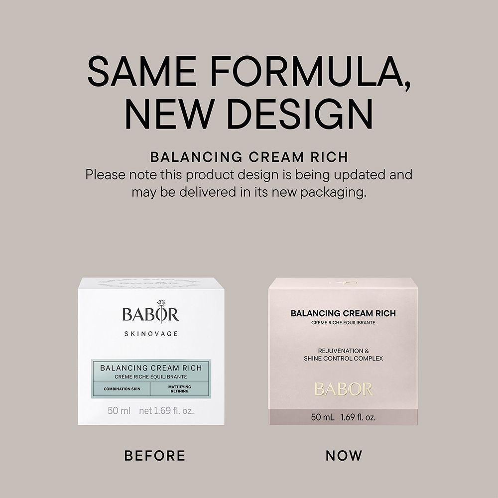 Vergelijking van twee verpakkingen. Links: BABOR SKINAVAGE. Rechts: BABOR. Tekst: SAME FORMULA, NEW DESIGN.