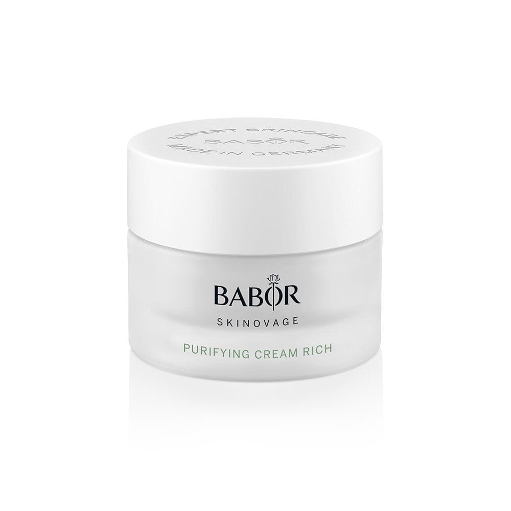 Crème pot met witte deksel. Op het glas staat BABOR SKINNOVAGE PURIFYING CREAM RICH.