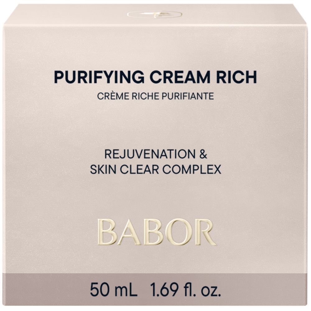 Pot de crème avec couvercle blanc. Inscription "BABOR PURIFYING CREAM RICH" sur le pot.