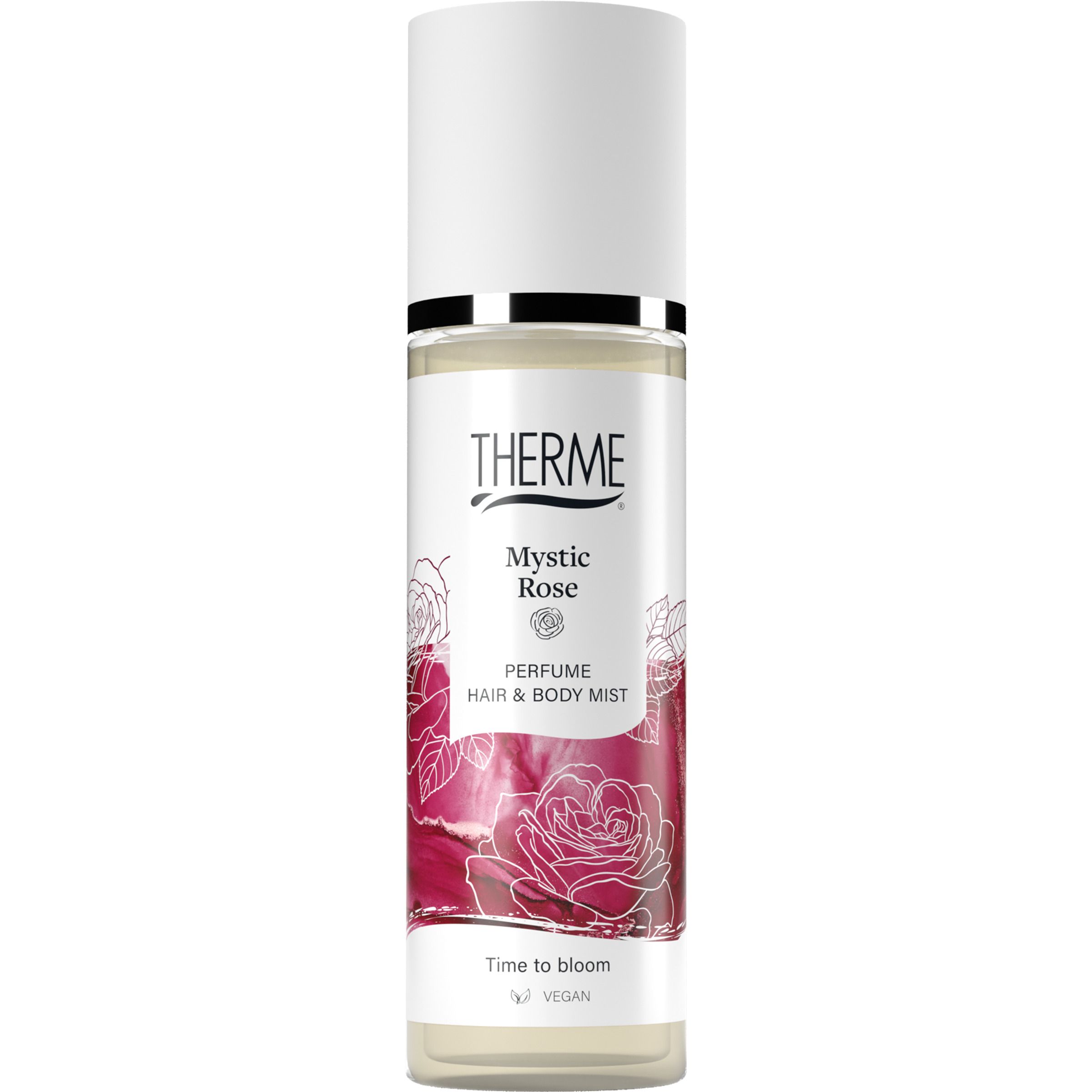 Therme Mystic Rose Parfum Nebel voor haar en lichaam. Vooraanzicht, witte dop, rood rozenontwerp. Vegan.