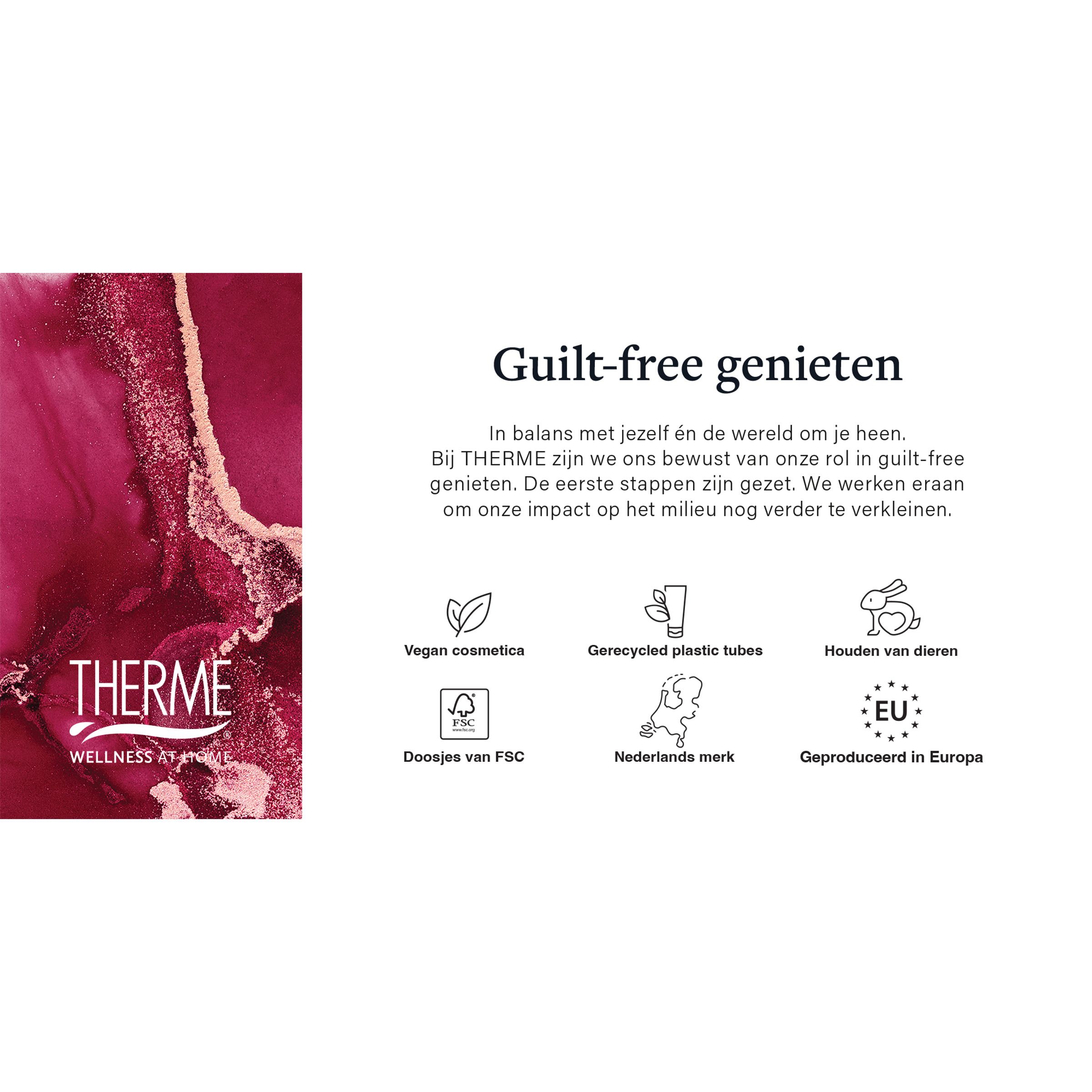 Tekst over duurzaamheid van Therme. Vegan, gerecyclede verpakking, dierproefvrij.