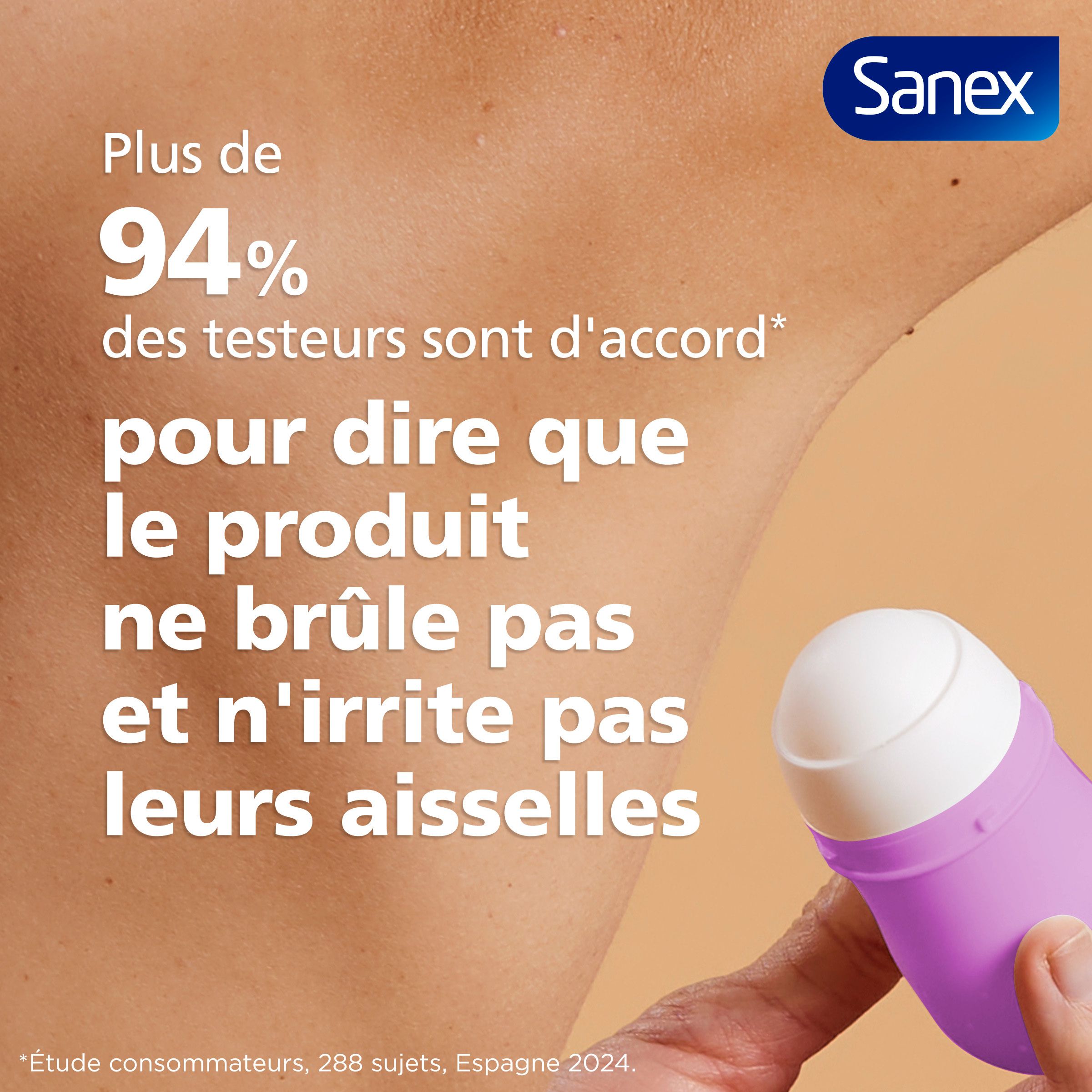 Publicité : aisselle. Texte : Plus de 94% des testeurs sont d'accord pour dire que le produit ne brûle pas. Sanex.