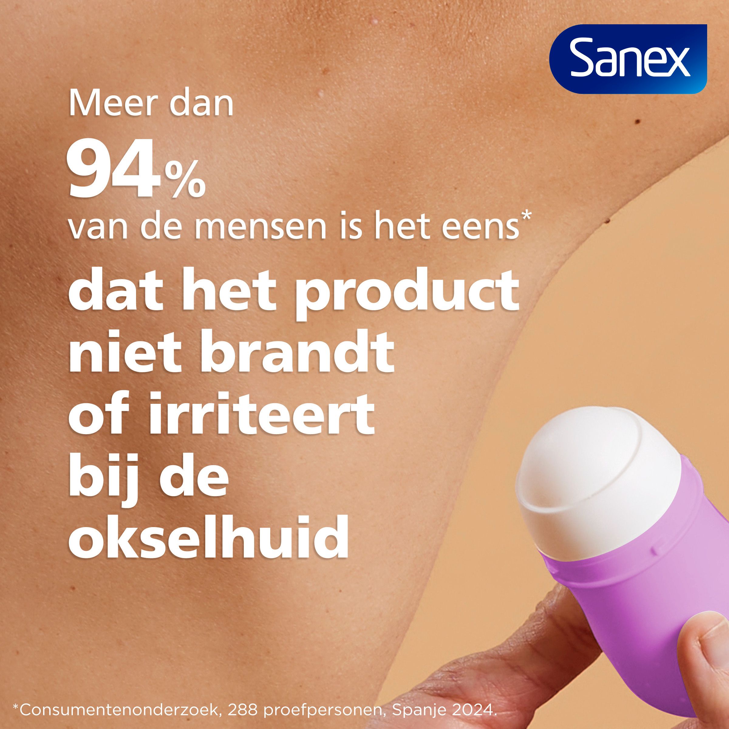 Reclame: oksel. Tekst: Meer dan 94% van de mensen is het ermee eens dat het product niet brandt. Sanex.