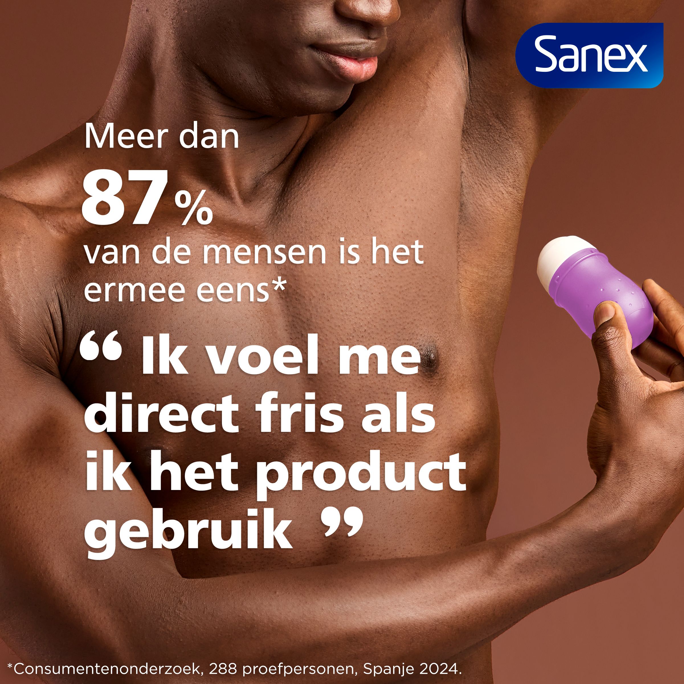 Reclame: man. Tekst: 87% is het ermee eens: Ik voel me direct fris als ik het product gebruik. Sanex.